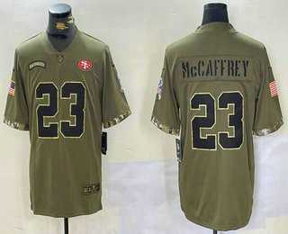 Mens San Francisco 49ers #23 Christian McCaffrey Olive 2022 Salute To Service Limited Stitched Jersey Dzhi